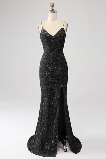 Black Mermaid Spaghetti Straps V-Neck Sequin Long Ball Dress With Split